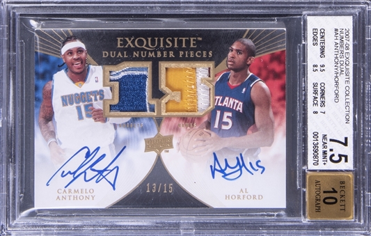 2007-08 Upper Deck Exquisite Collection "Dual Number Pieces" #EDN-AH Carmelo Anthony & Al Horford Dual Signed Patch Card (#13/15) - BGS NEAR MINT+ 7.5/BGS 10
